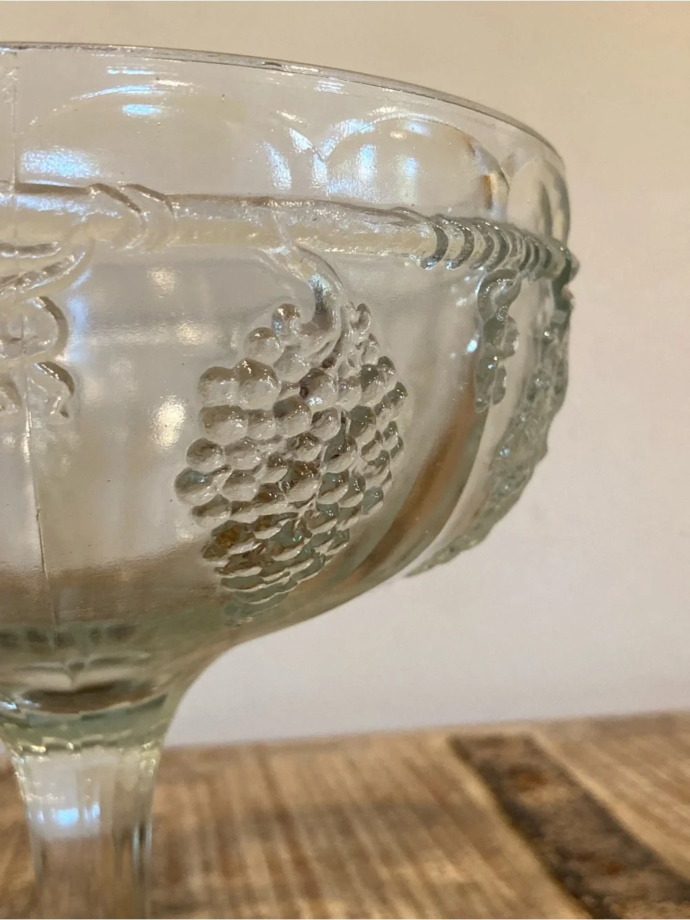 Clear Pressed Glass Compote Serving Bowl with Grape Motif 6” Tall